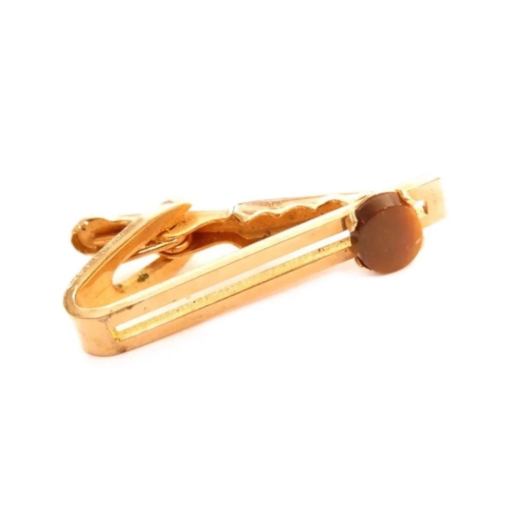 Vintage Tiger's Eye Cabochon Small Gold Plated tie clip clasp‎